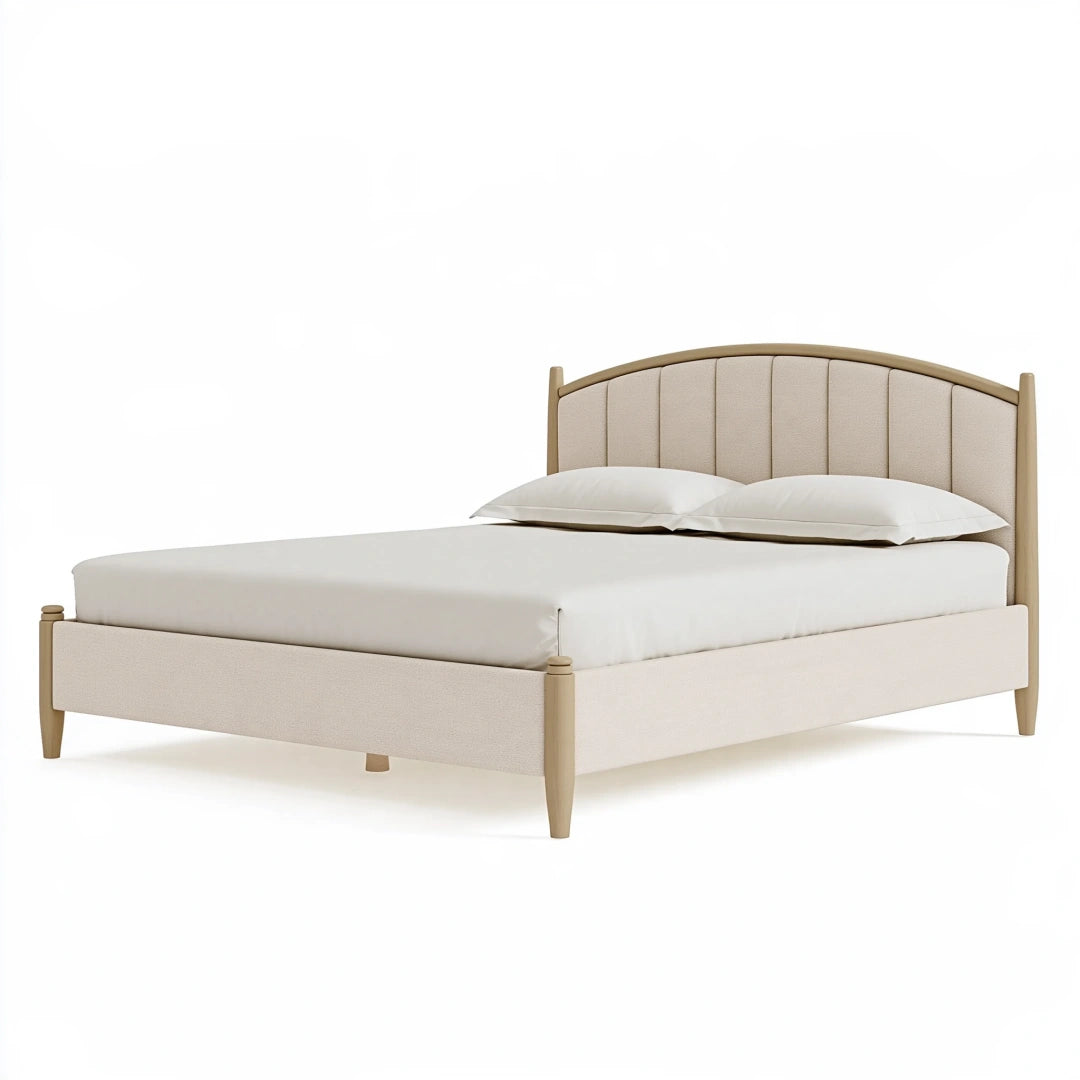 Letto matrimoniale 160 x 200 cm in legno e tessuto beige - testiera imbottita moderna