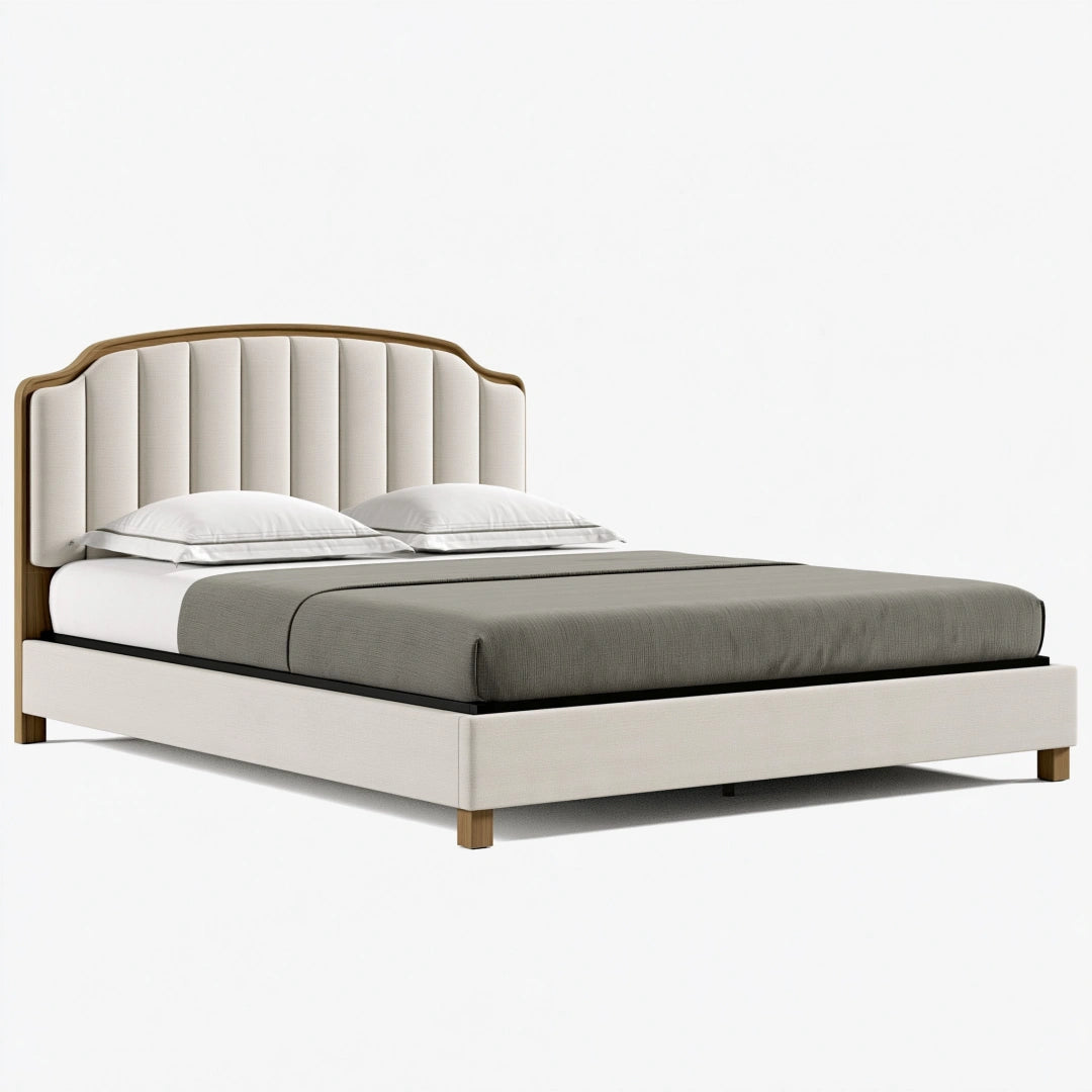 Letto matrimoniale 160 x 200 cm in tessuto avorio e legno - testiera imbottita a pannelli