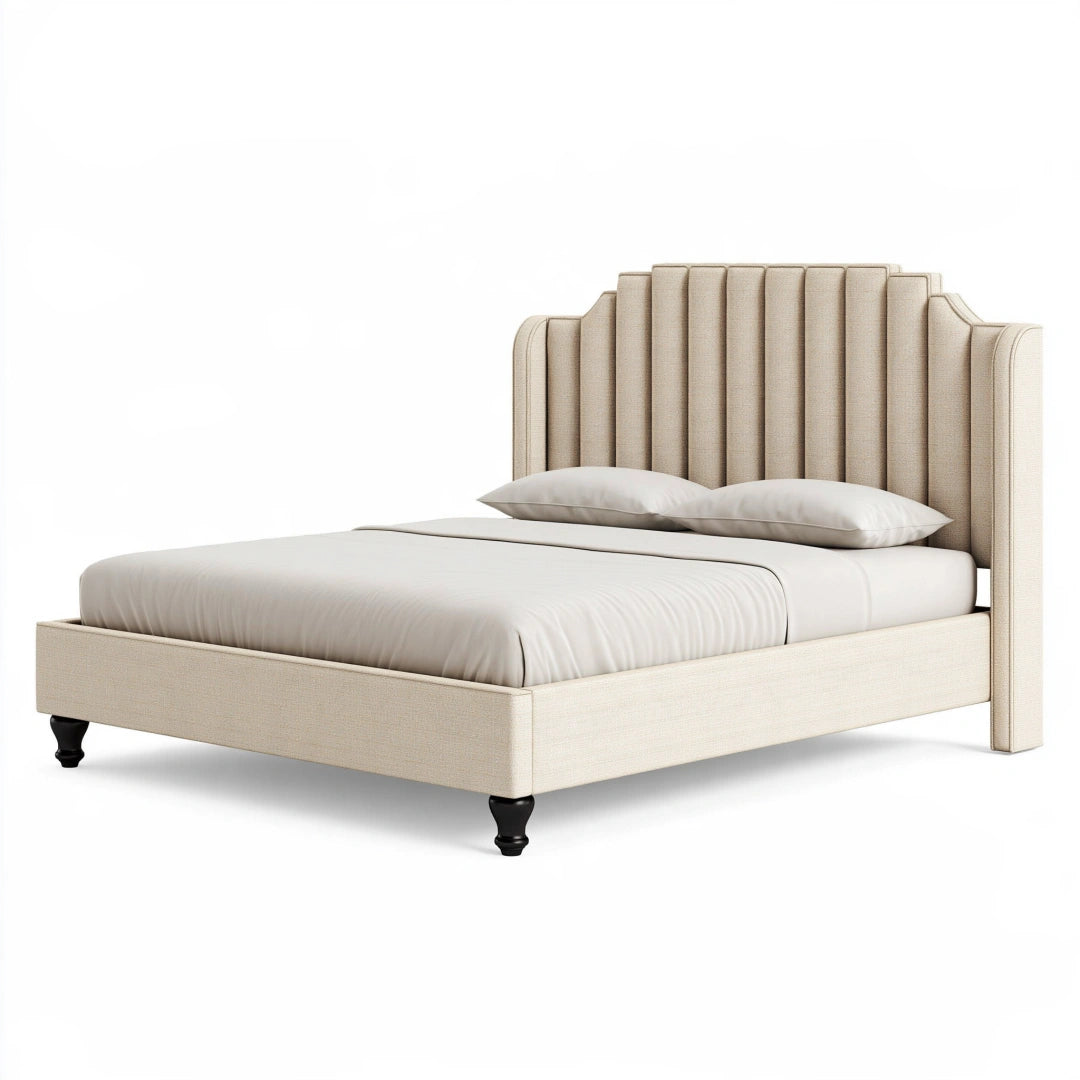 Letto matrimoniale 160 x 200 cm imbottito in tessuto beige con testiera scanalata stile moderno