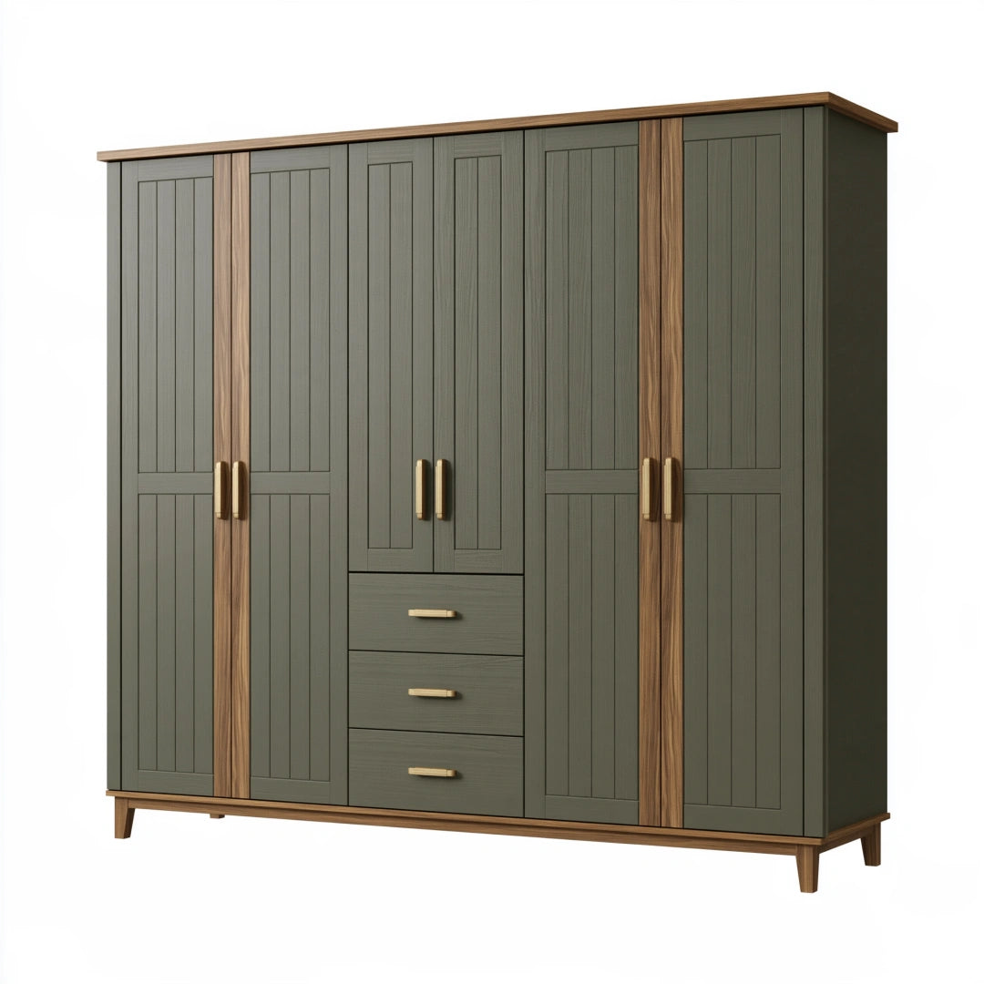 Armadio guardaroba 180 x 60 x 200 cm in legno verde oliva e noce - sei ante con tre cassetti