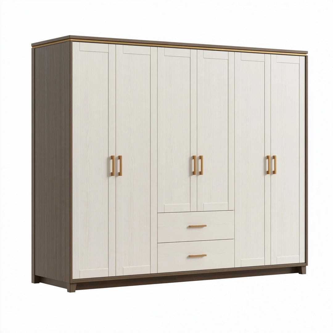 Armadio 240x60x220 cm bianco e marrone effetto legno con 6 ante e 2 cassetti