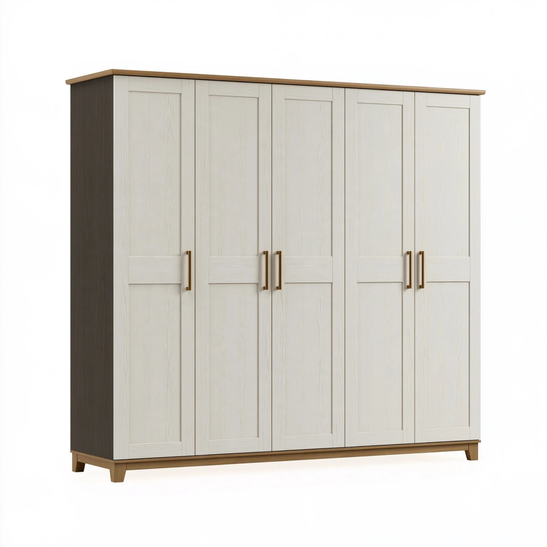 Armadio 240 x 60 x 220 cm in legno bianco e marrone a 5 ante stile moderno per camera da letto