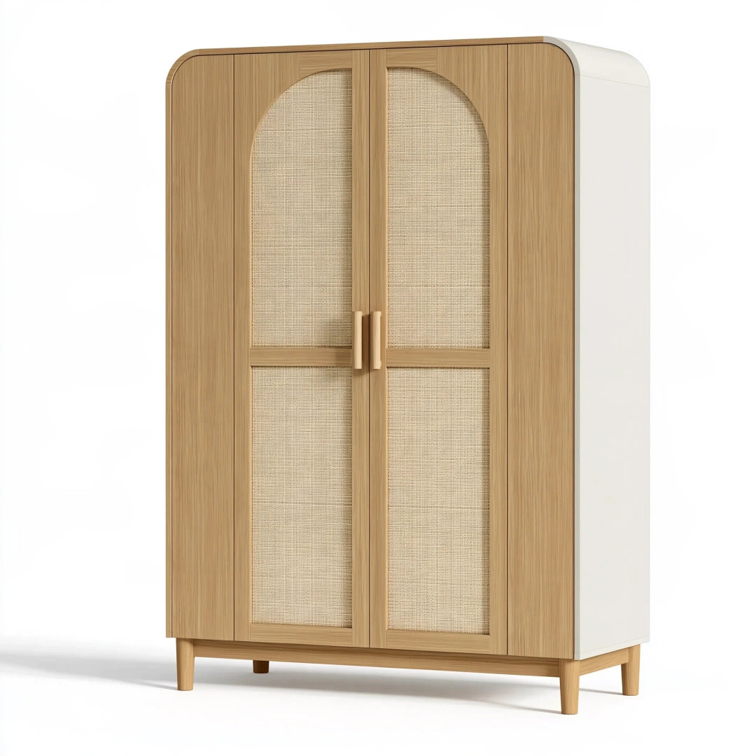 Armadio guardaroba 120x60x200 cm in legno marrone e bianco con ante in rattan - stile naturale