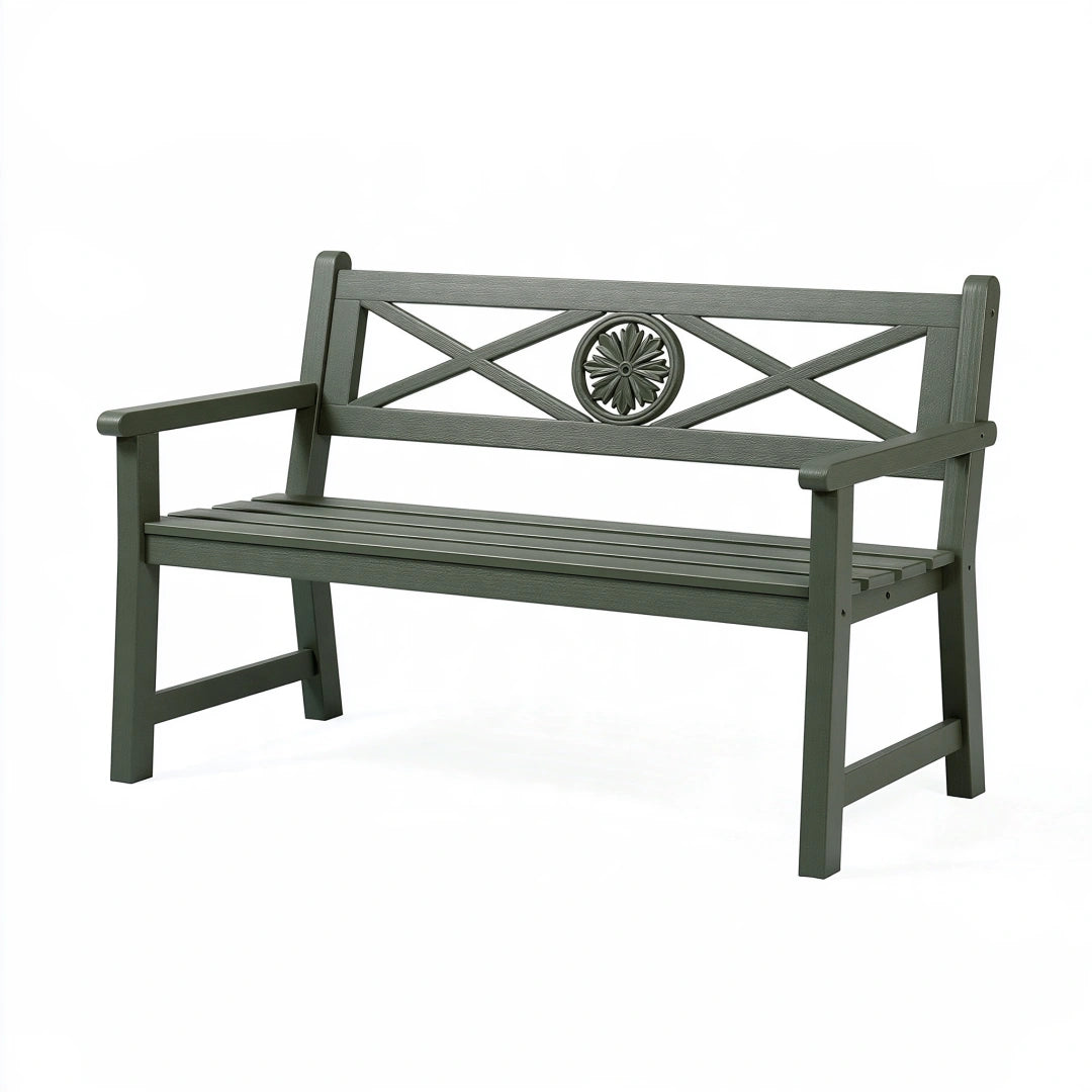 Panchina da giardino 122 x 61 x 88 cm in resina verde scuro con schienale decorativo