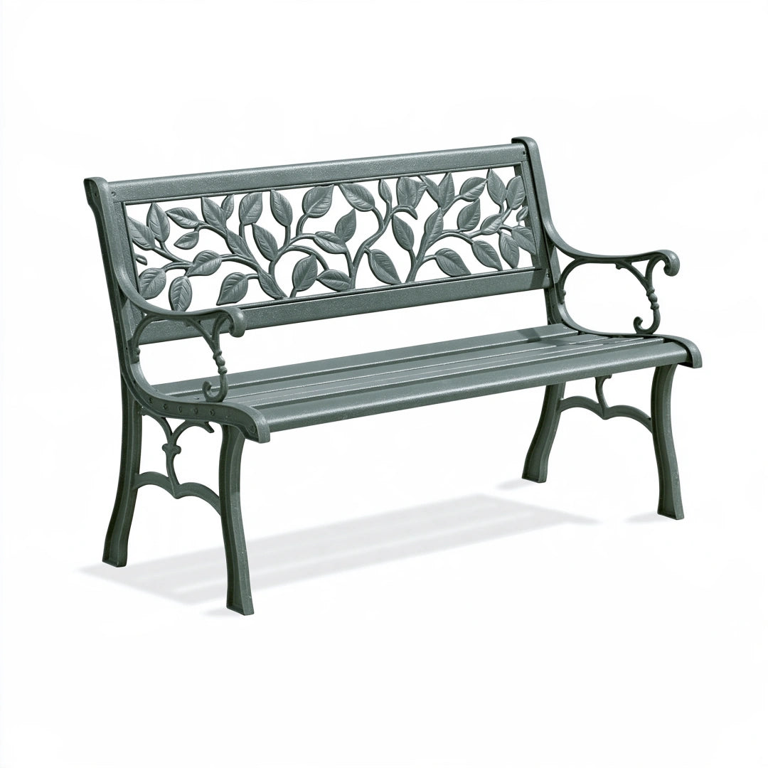 Panchina da giardino 120 x 60 x 85 cm in metallo grigio con schienale decorativo