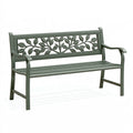 Panca da giardino 122 cm in metallo verde con schienale decorativo a foglie