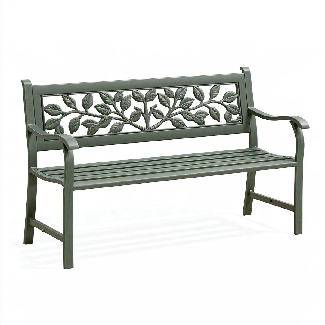 Panca da giardino 122 cm in metallo verde con schienale decorativo a foglie