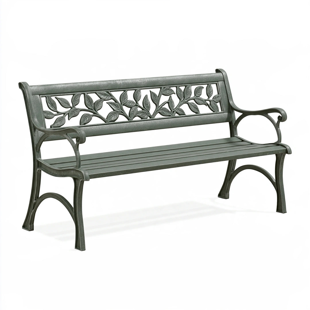 Panca da giardino 122 x 62 x 84 cm in metallo grigio con schienale decorativo