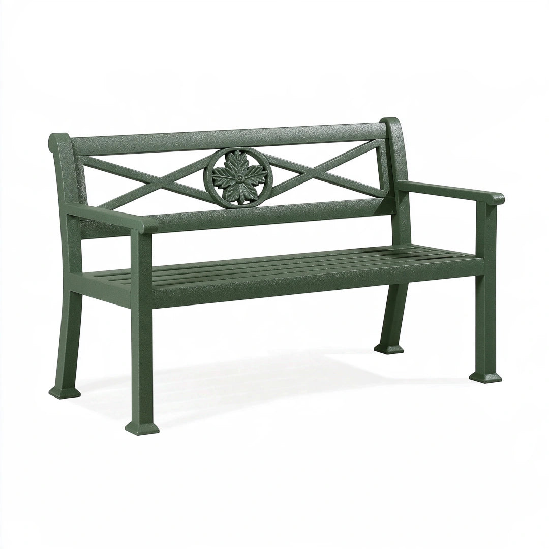 Panchina da giardino 120 cm in metallo verde con schienale decorativo