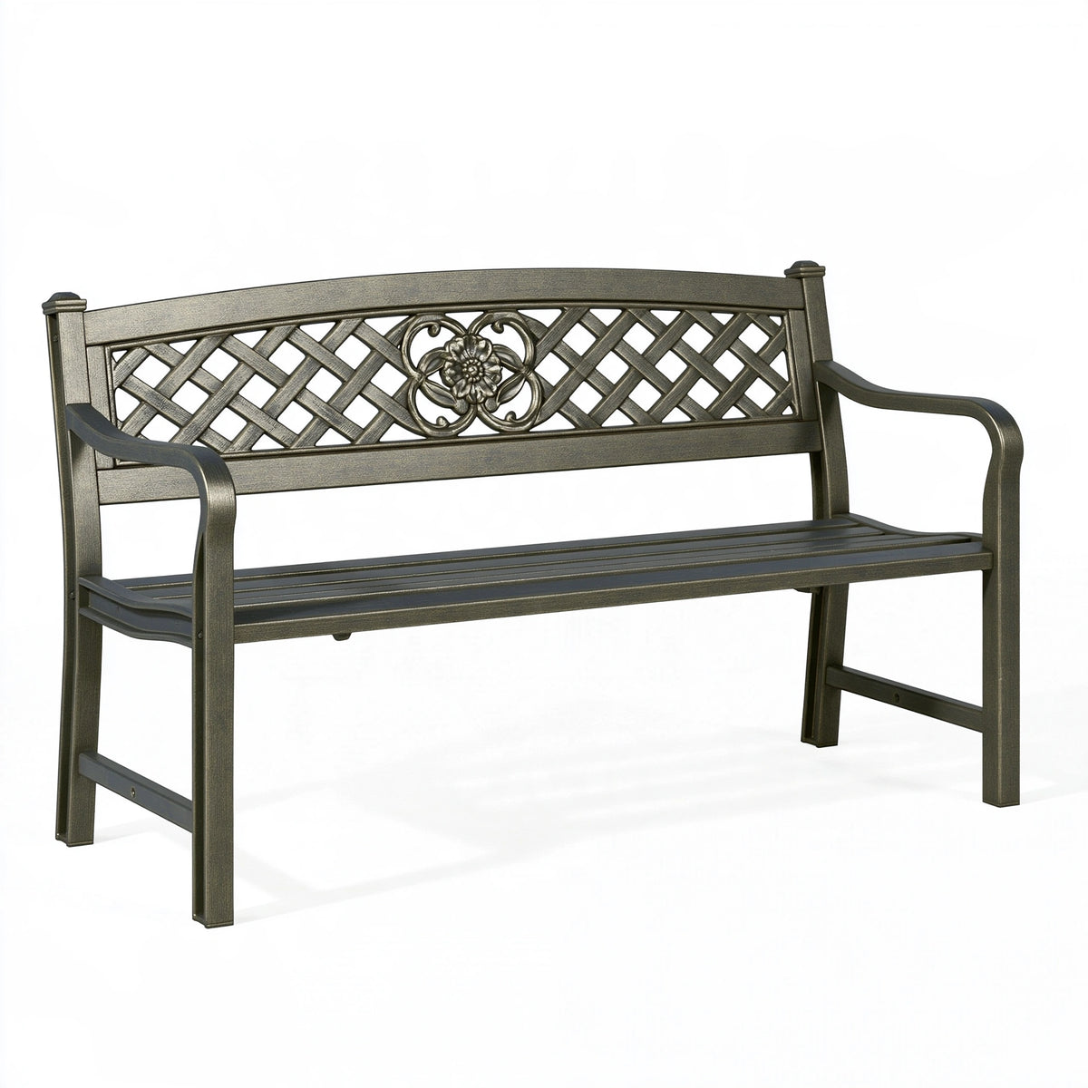 Panca da giardino 122 x 61 x 91 cm in metallo grigio bronzo con schienale decorativo