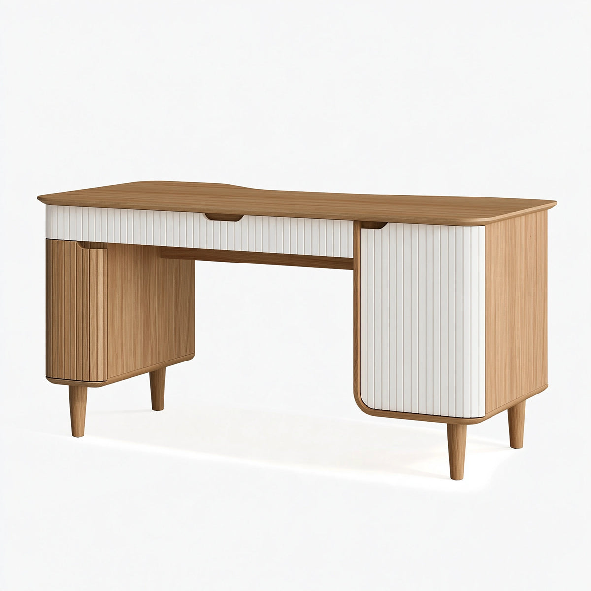 Scrivania 160 x 60 x 75 cm in legno marrone e bianco con pannelli scanalati