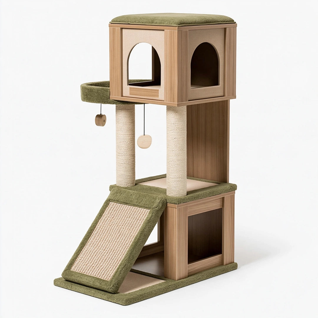 Tiragraffi per gatti 60 x 50 x 135 cm in pannelli effetto legno e sisal beige verde - con cuccia e rampa