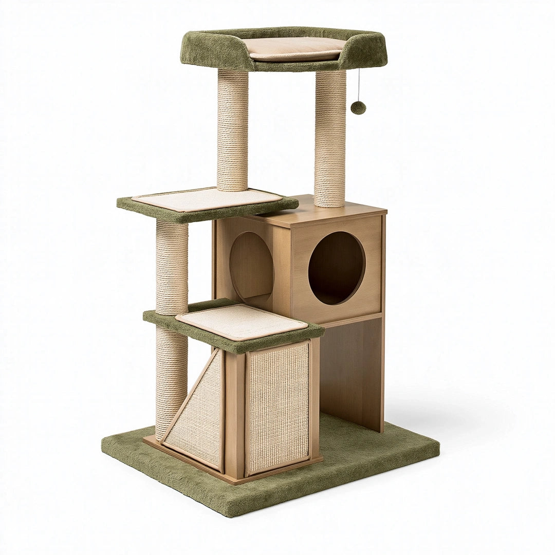 Albero tiragraffi per gatti 60 x 60 x 145 cm in legno sisal verde e beige con cuccia e piattaforme