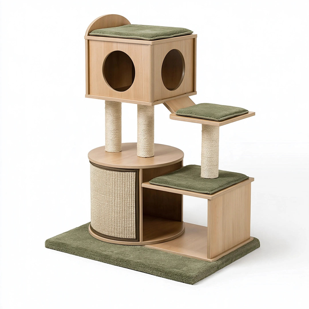 Tiragraffi per gatti 60 x 60 x 140 cm in legno beige e verde con cuccia e colonne in sisal