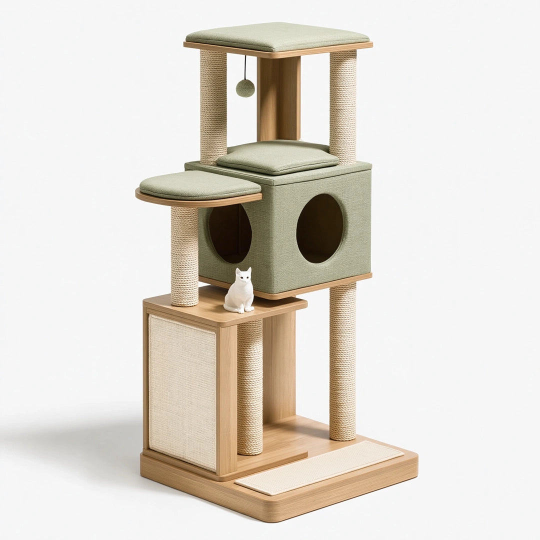 Albero tiragraffi per gatti 60 x 60 x 150 cm in legno sisal e tessuto verde con cuccia e piattaforme
