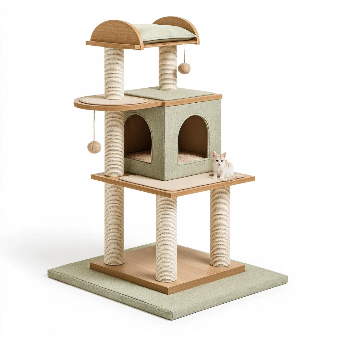 Tiragraffi per gatti 70 x 60 x 150 cm in legno beige e verde con sisal e cuccia multipiano